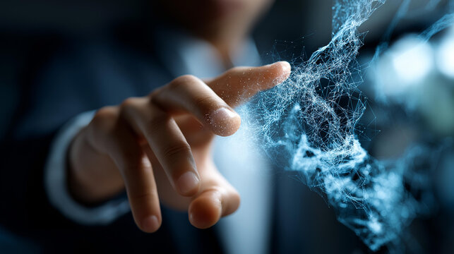 Metaverse universe concept with digital neural network faceless business man hand touching defocused cyberspace background artificial intelligence introduction future science