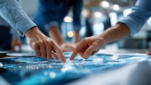 Innovative startup team planning with digital cognitive maps faceless professionals defocused technology background advancement at forefront entrepreneurial collaboration