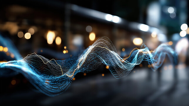 Big data visualization with digital backdrop defocused particle wave background analytics representation scene 4k rendering display technological innovation imagery with copy