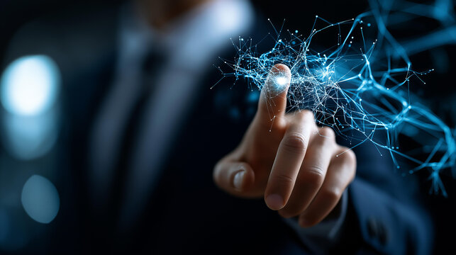 Metaverse universe concept with digital neural network faceless business man hand touching defocused cyberspace background artificial intelligence introduction future science