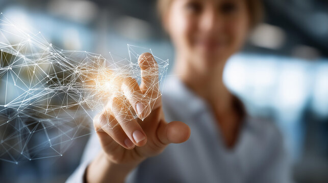 Hand holding global network connection internet communication faceless woman defocused wireless technology background futuristic polygonal shapes innovation visualization with