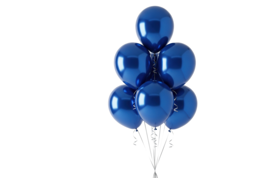 luxurious deep sapphire blue metallic mylar balloon cluster floating elegantly with silvery satin ribbons, captured in high-key studio lighting against a white background concept of modern opulence