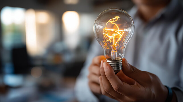 Innovative idea in professional hand display faceless businessman defocused background creative thinking visualization conceptual innovation moment business inspiration