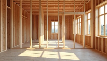 Fototapeta premium Wooden frame supports eco insulation in new house construction. Sunlight illuminates interior wall structure sustainable building materials, energy efficiency. Image represents modern residential