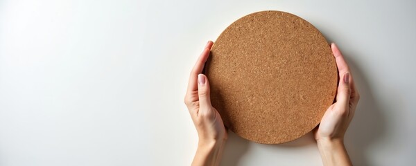 Hands hold blank round cork board against white background. Use for notes, crafts, or ideas. Great for DIY projects or office organization. Shows creative planning and eco-friendly choices.