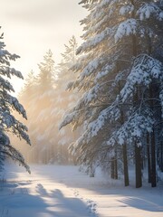 Sunrise over snow-covered pine forest, golden light, ultra-realistic winter scene