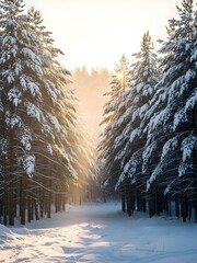 Serene winter forest path bathed in golden sunlight, snow-covered trees lining the way