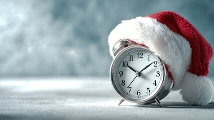 Christmas countdown concept with alarm clock wearing Santa hat on holiday background
