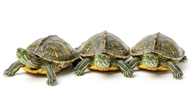 Collection of shelled turtles with patterned carapaces and webbed feet in greens and browns isolated on white