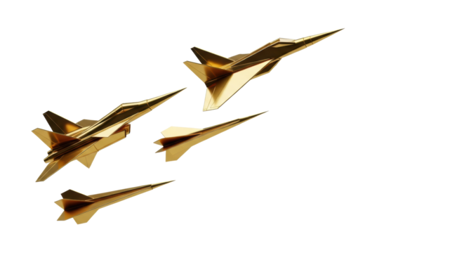 Four polished gold foil origami planes captured in flight with dramatic cinematic lighting against a seamless white void background, showcasing metallic reflections. concept of coordinated success