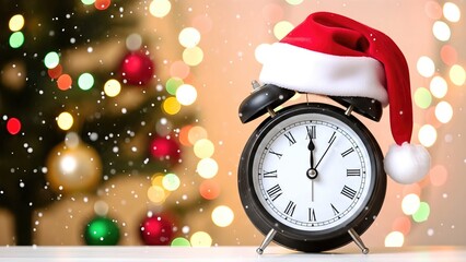 Christmas countdown concept with alarm clock wearing Santa hat on holiday background
