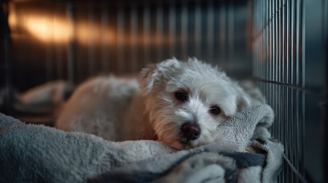 Sad white dog lying in kennel on blanket in animal shelter with soft evening light