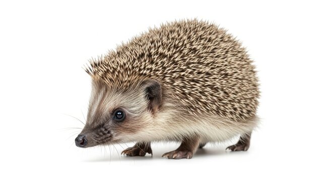 Cute spiny European hedgehog with detailed quills and beady eyes in a foraging pose cut out on white