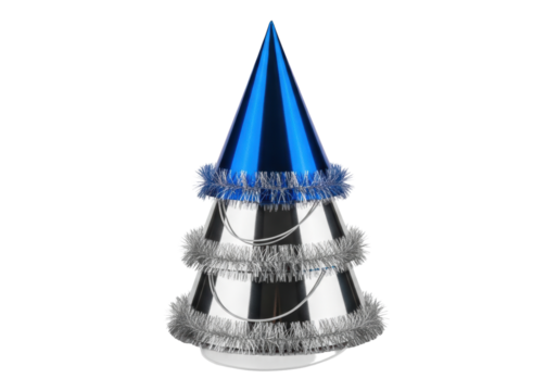 Photorealistic macro shot of three reflective metallic foil party hats, blue and silver, stacked precisely on a seamless white background with sharp specular highlights. Concept for elegant birthday