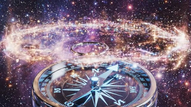 Celestial navigation concept compass over a starry galaxy background
