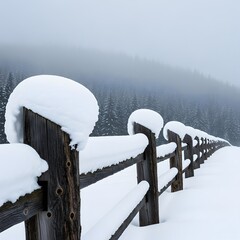 Heavy snowfall blankets a rustic wooden fence line, leading into a serene winter forest