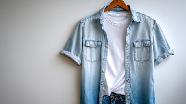 Light Denim Shirt Layered with White T-Shirt on Minimalist Hanger