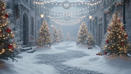 Winter Christmas Street With Snow Covered Trees And Lights.
