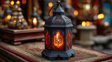 Oriental metal lantern with glowing candle on decorative carpet in warm ambient light