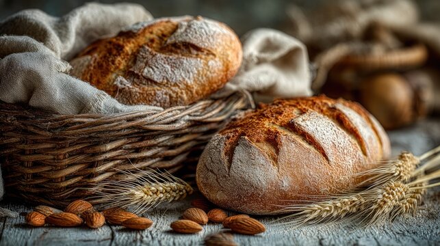 Crusty Artisan Bread with Wheat Stalks and Almonds on Wood Table - Powered by Adobe