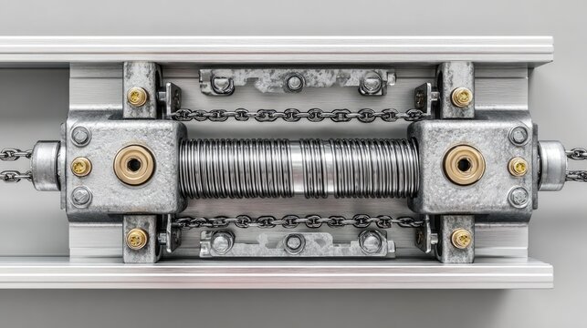 Industrial Linear Motion Mechanism with Metal Springs, Chains and Precision Engineering Details