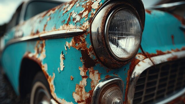 Fototapeta Close-Up of Weathered Vintage Car with Rust and Peeling Paint