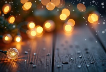 Warm glowing Christmas bokeh lights on a wooden surface with soft falling snowflakes with copy space in the center, ideal for holiday backgrounds, New Year promotions, greeting cards, website, poster