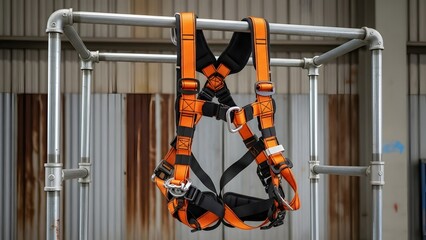 Orange safety harness suspended from a metal frame against a textured industrial backdrop