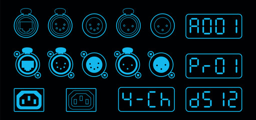 Blueprint-style UI icons set showing DMX displays, XLR and Ethernet connectors, power sockets, and control indicators in a neon-blue outline on a dark background.