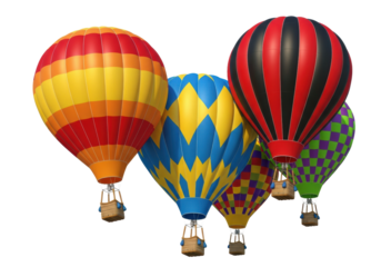 Four detailed, colorful hot air balloons with vibrant striped and checkerboard patterns, realistic wicker baskets, floating on a white studio background. Concept of exploration and adventure