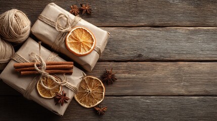 A rustic holiday arrangement with beautifully wrapped gifts, tied with twine, decorated with dried orange slices, cinnamon sticks, and star anise, set on a wooden table