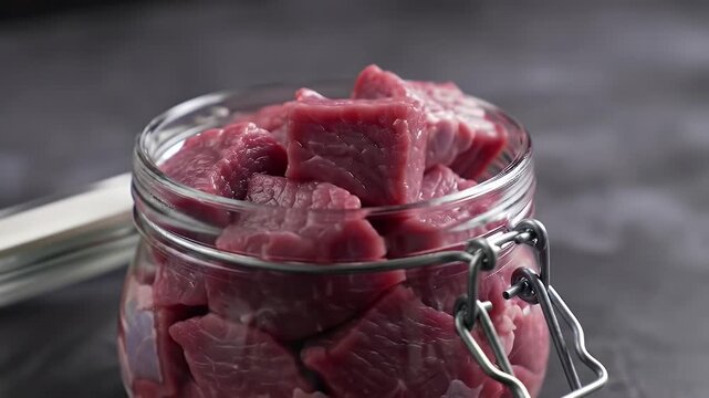 Close-up shot of raw beef cubes stored inside a glass preserving jar