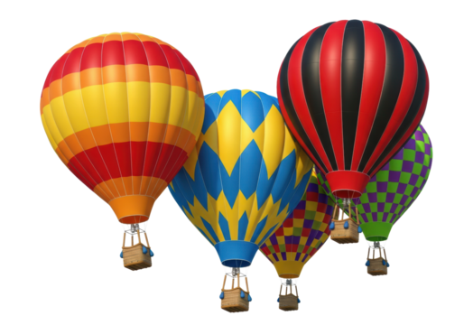 Four detailed, colorful hot air balloons with vibrant striped and checkerboard patterns, realistic wicker baskets, floating on a white studio background. Concept of exploration and adventure