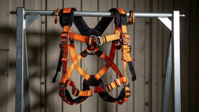 Orange safety harness for fall protection, industrial work equipment