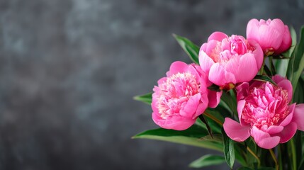 Fototapeta premium Vibrant Pink Peony Flowers Against a Soft Grey Background, Capturing the Essence of Natural Beauty and Springtime Blooming in Full Glory