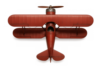 Red vintage biplane toy model flying, antique aircraft object isolated, old aviation playtime concept