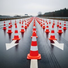 Traffic Cones Arrow on Road Highway Safety and Directional Guidance