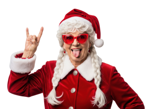 energetic senior mrs. claus with red cat-eye sunglasses and braids, sticking out tongue and flashing rock horns, high-key medium close-up on clean white background with copy space, rebellious