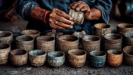Closeup of hands meticulously cleaning intricate copper casting molds highlighting detailed craftsmanship and precision in metalwork preparation.