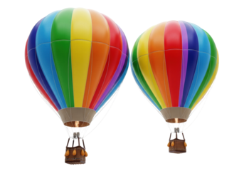 two vibrant rainbow hot air balloons featuring detailed wicker baskets and visible rigging, isolated in a high-key studio setting against a pure white background with copy space. concept of summer