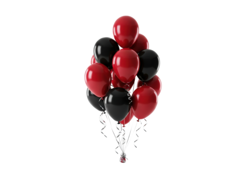 Cluster of glossy ruby red and matte black balloons floating with silver ribbon on a pure white background, casting subtle shadows. Concept for luxurious party marketing