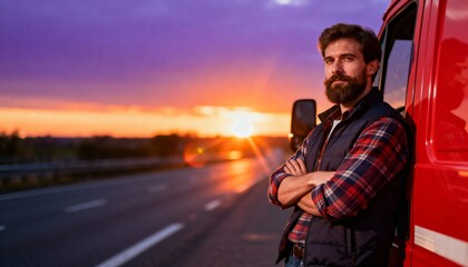 A truck driver in a red reflective jacket standing in front of a semi-truck parked outside a warehouse on a clear, sunny afternoon. The pavement is dry, and the setting feels crisp and professional	