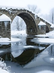 Picturesque winter scene of an old stone bridge reflecting in an icy stream