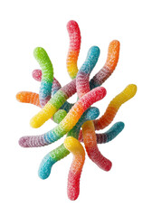 Extreme macro of levitating rainbow sour gummy worms, dynamic and thickly sugar-coated, on a stark white backdrop with bokeh. Concept for confectionery hyperrealism