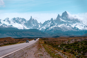 Iconic view of Mount Fitz Roy in Argentinian Patagonia on the road on the way to El Chalten