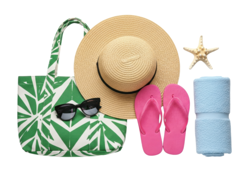 high-key flat lay of luxury summer beach accessories: geometric canvas bag, straw hat, pink flip-flops, sunglasses, blue towel, and starfish on a pristine white background. minimalist luxury vacation