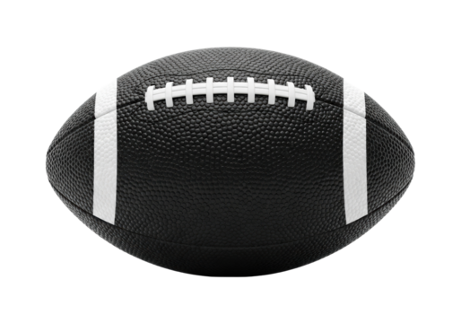 Macro shot of a high-end matte black american football displaying deep pebbled texture and crisp white laces, isolated on pure white studio background. Concept for luxury athletic advertising