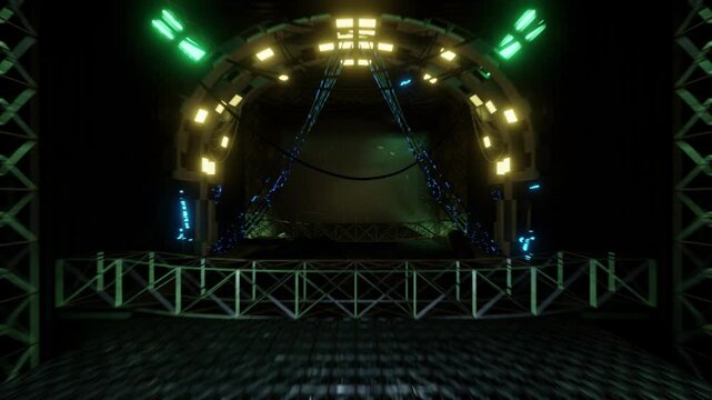 Dark Industrial Sci-Fi Tunnel Ride with Green Lights and Metal Tracks VJ Loop