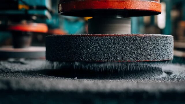 Medium shot of rubber buffing machine smoothing coarse used tire surface preparing for retreading by removing tough outer layers with industrial precision and texture focus.