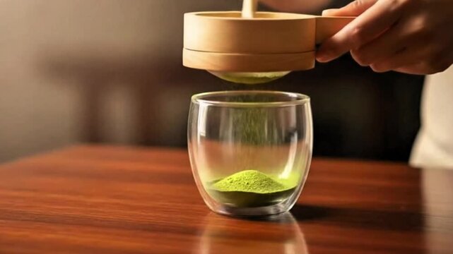 Video, close-up, making a matcha drink, hands sifting matcha powder with a Chashaku and strainer into a white glass, for Japanese product advertising and background